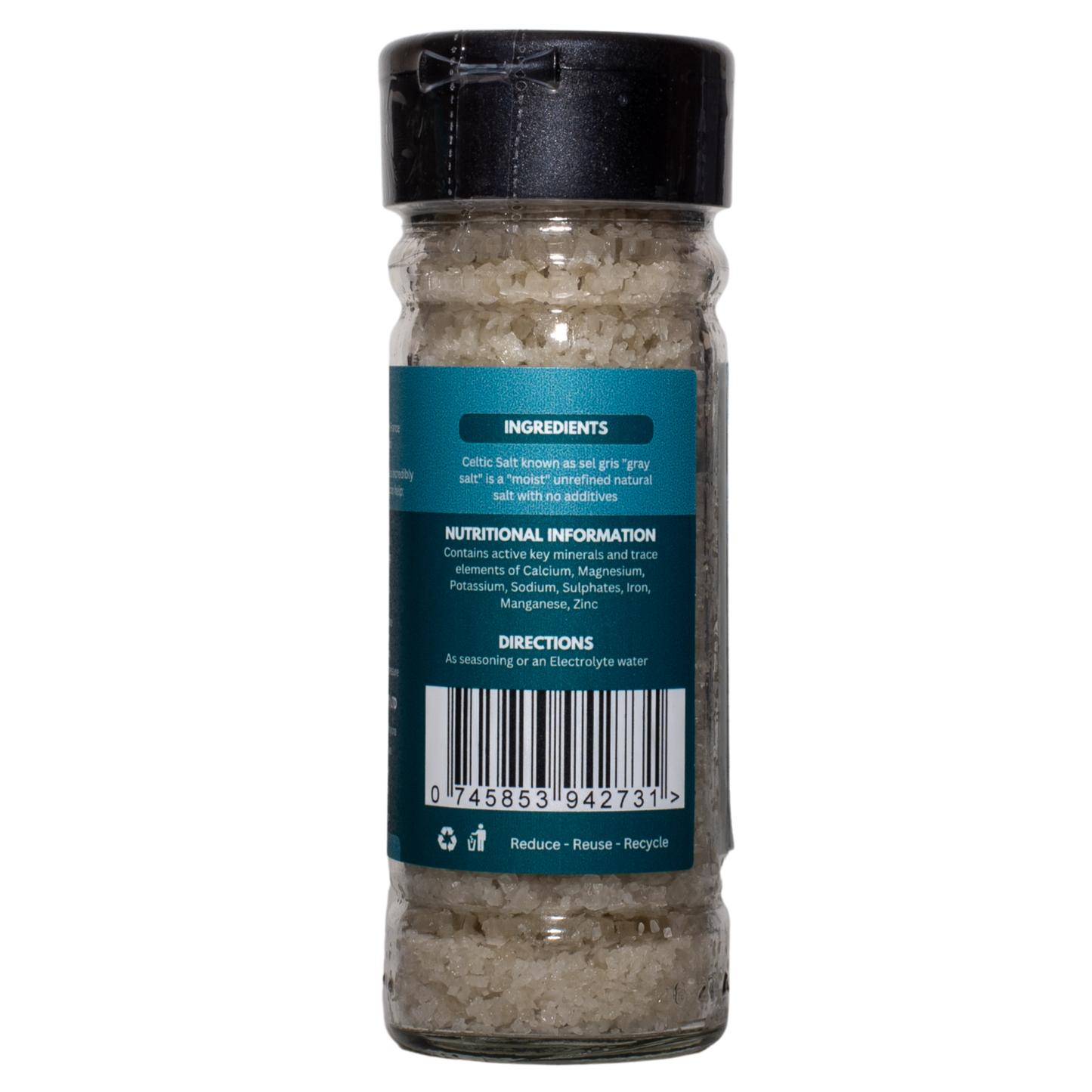 Back of a 100g HealthStack celtic salt glass bottle with recyclable plastic flip top lid, showing ingredients, nutritional information and product barcode.