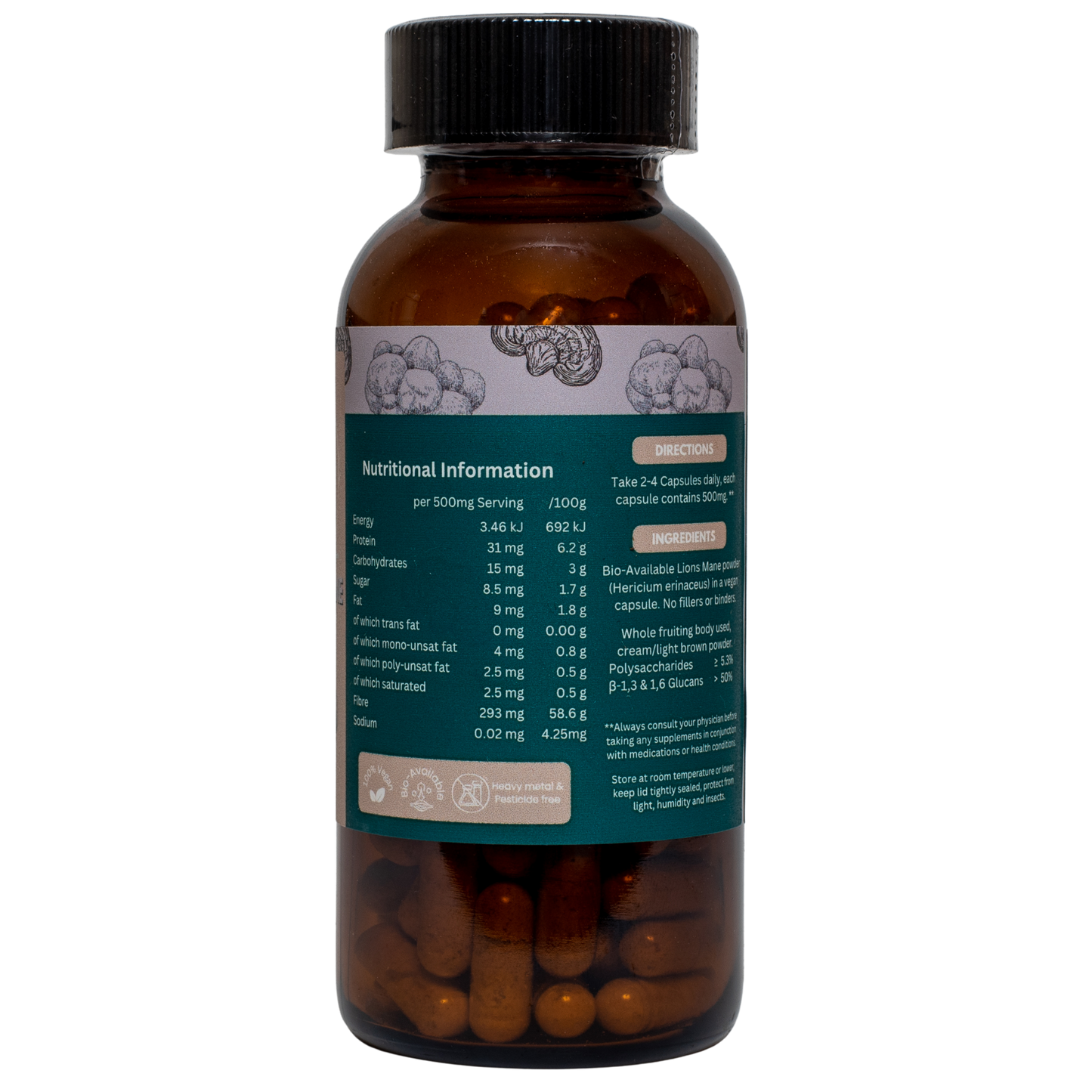Brown supplement bottle with lions mane nutritional information on a label on a white background