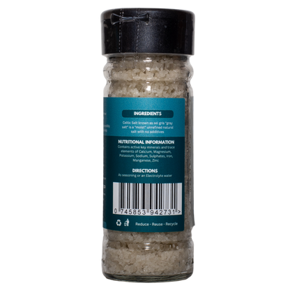 Back of a 100g HealthStack celtic salt glass bottle with recyclable plastic flip top lid, showing ingredients, nutritional information and product barcode.