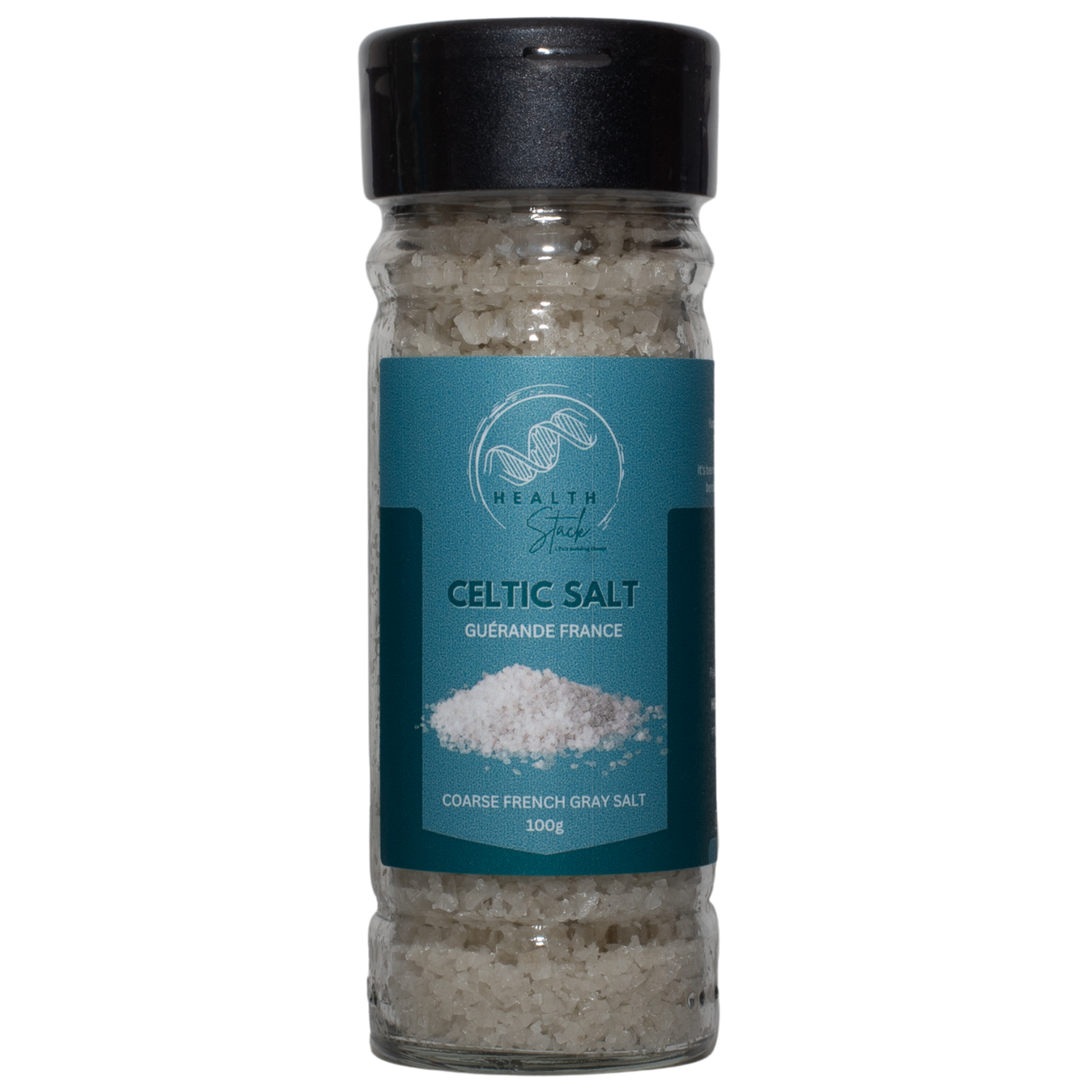 Front of a 100g HealthStack celtic salt glass bottle with recyclable plastic flip top lid.