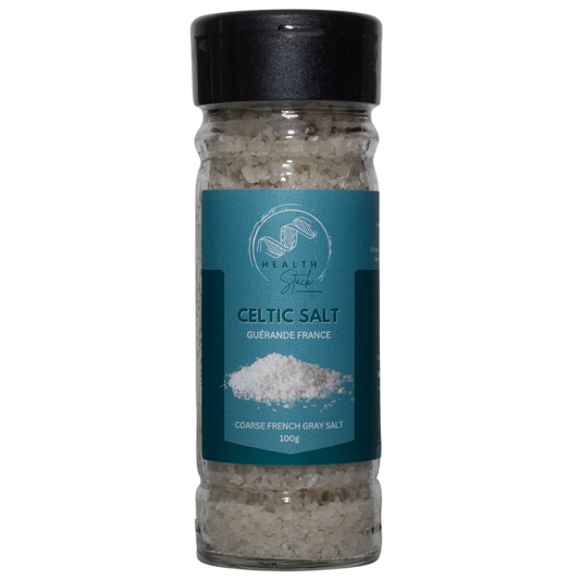 Front of a 100g HealthStack celtic salt glass bottle with recyclable plastic flip top lid.