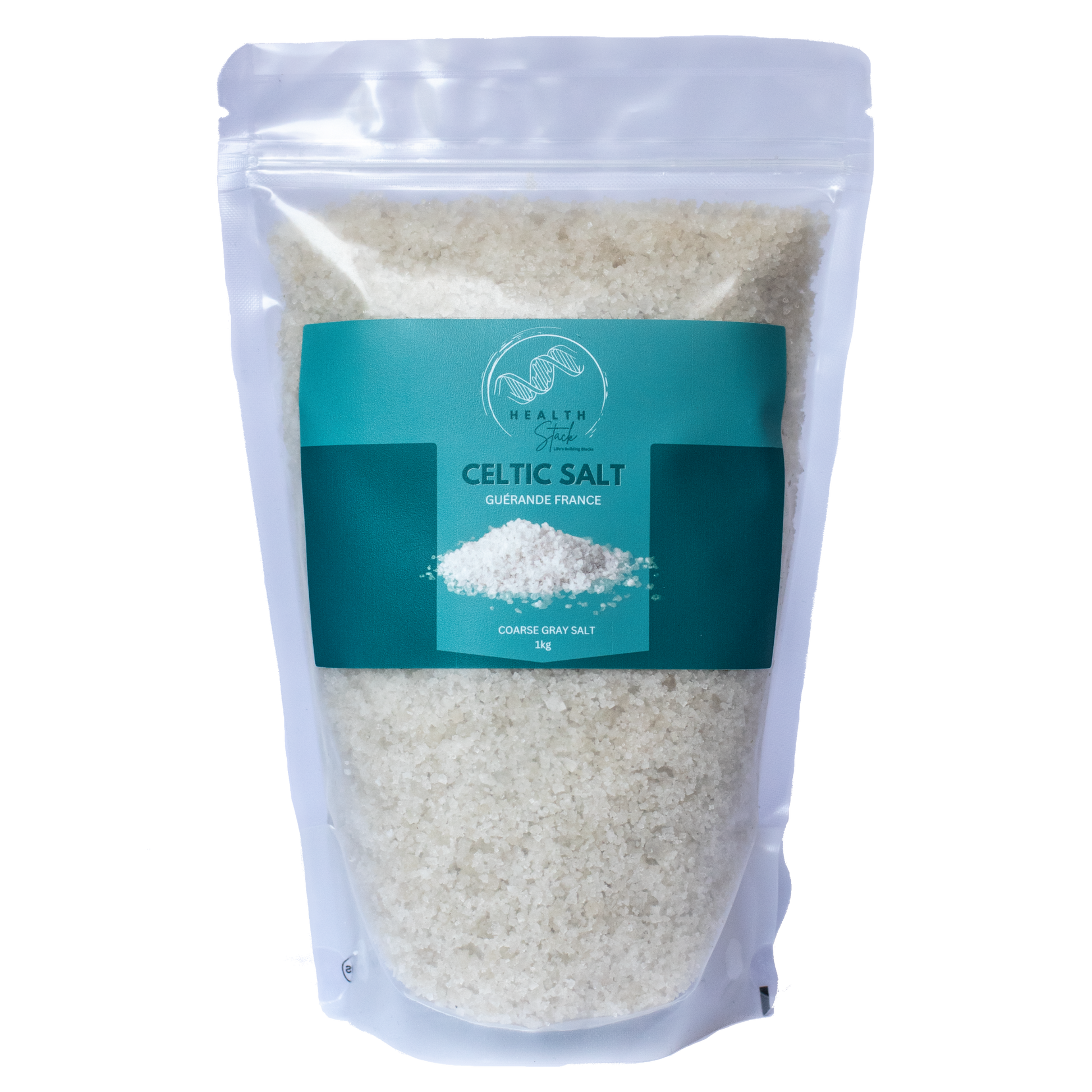 Front of a 1kg bulk Healthstack celtic salt in a recyclable ziplock pouch, with a logo and volume.