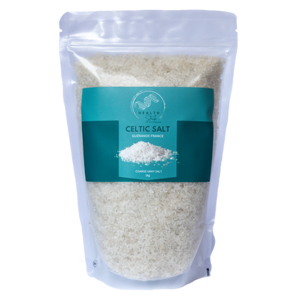 Front of a 1kg bulk Healthstack celtic salt in a recyclable ziplock pouch, with a logo and volume.