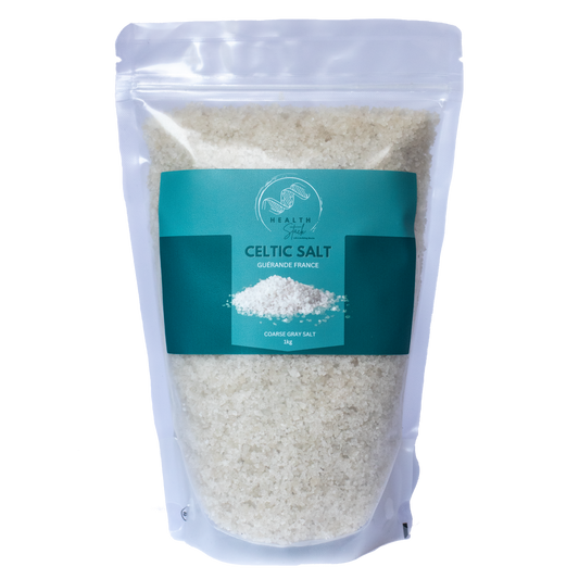 Front of a 1kg bulk Healthstack celtic salt in a recyclable ziplock pouch, with a logo and volume.