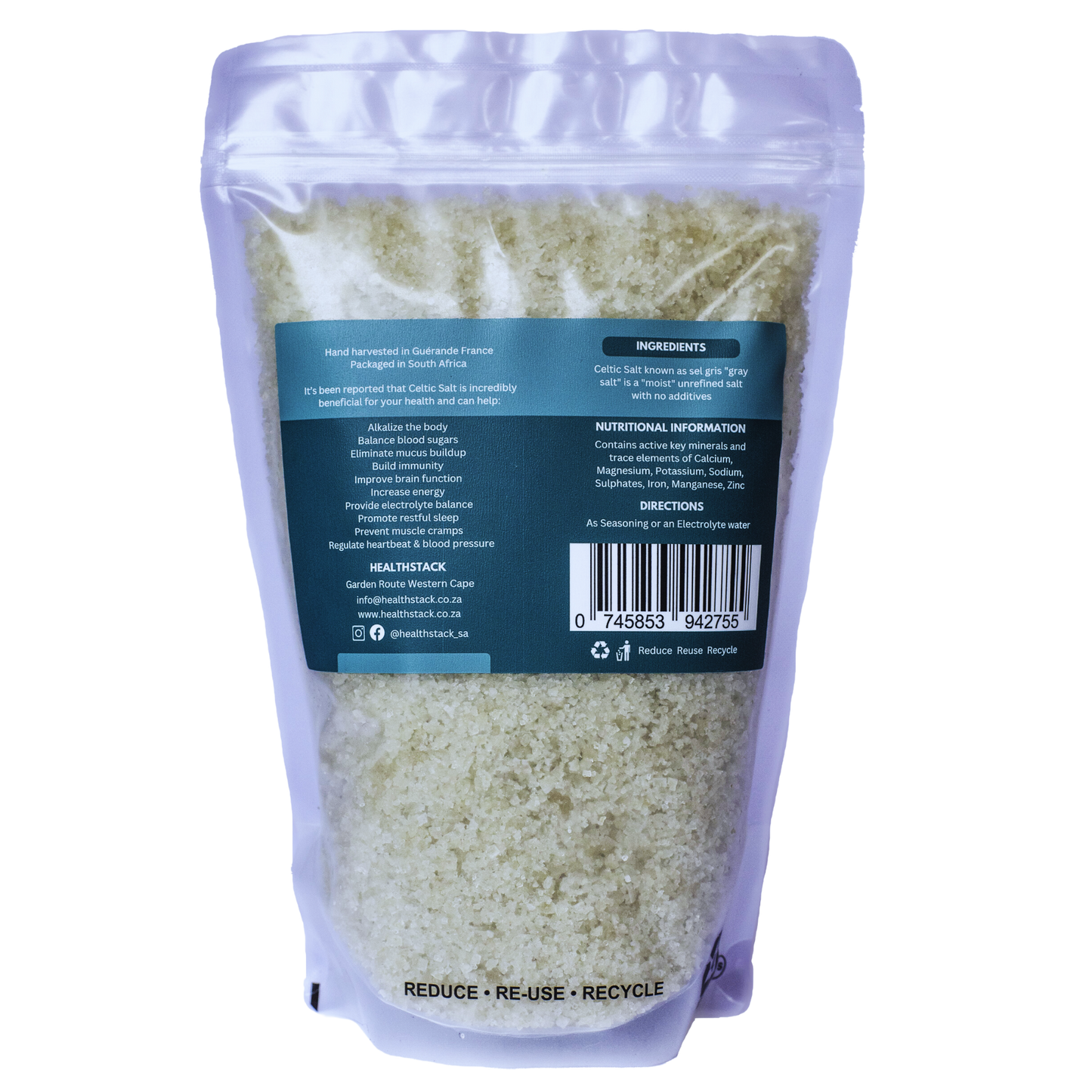 Back of a 1kg bulk Healthstack celtic salt in a recyclable ziplock pouch, with info such as potential benefits, ingredients, nutrition, directions and barcode.
