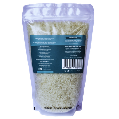 Back of a 1kg bulk Healthstack celtic salt in a recyclable ziplock pouch, with info such as potential benefits, ingredients, nutrition, directions and barcode.