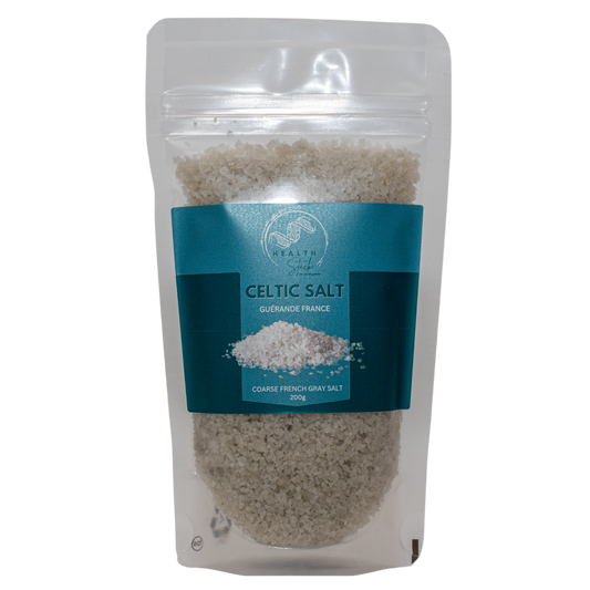 front of a 200g HealthStack Celtic Salt in a recyclable plastic ziplock pouch.