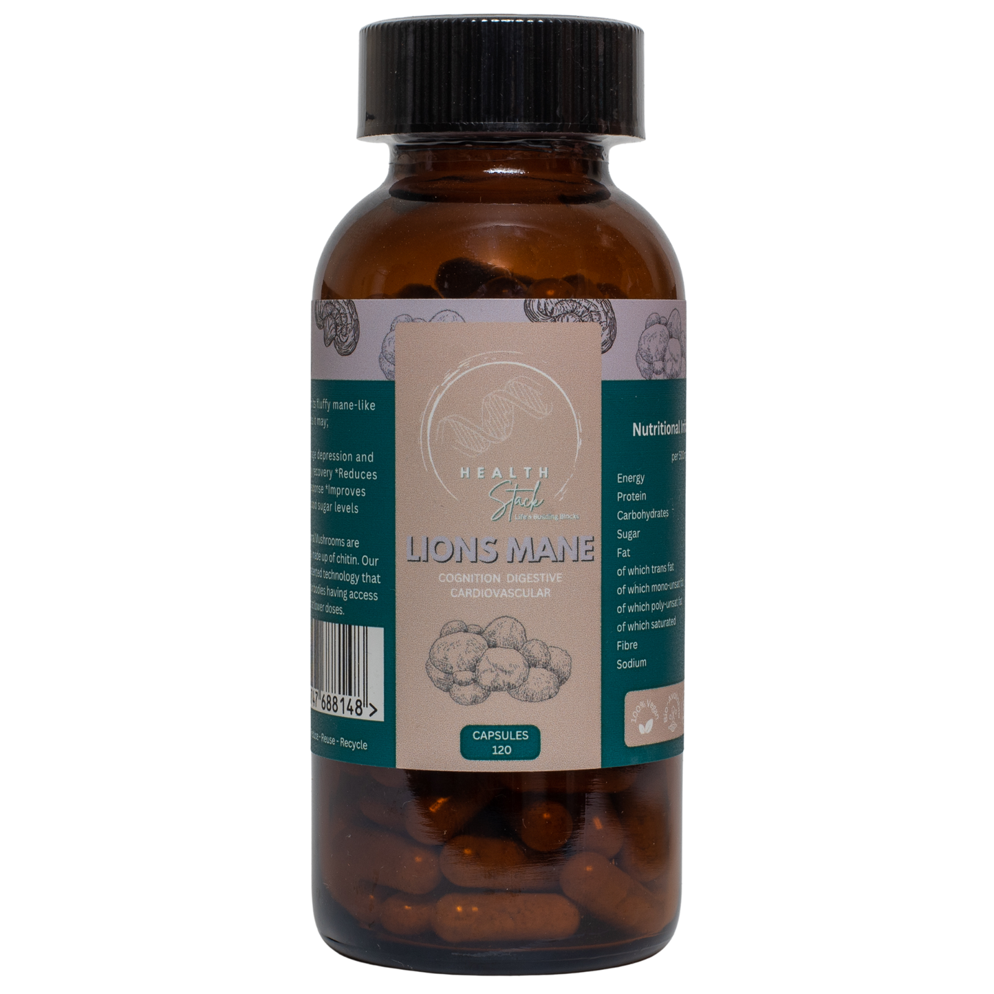 Brown supplement bottle with lions mane mushrooms with a label on a white background