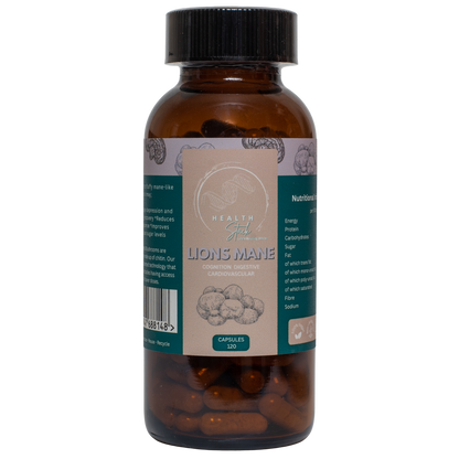 Brown supplement bottle with lions mane mushrooms with a label on a white background