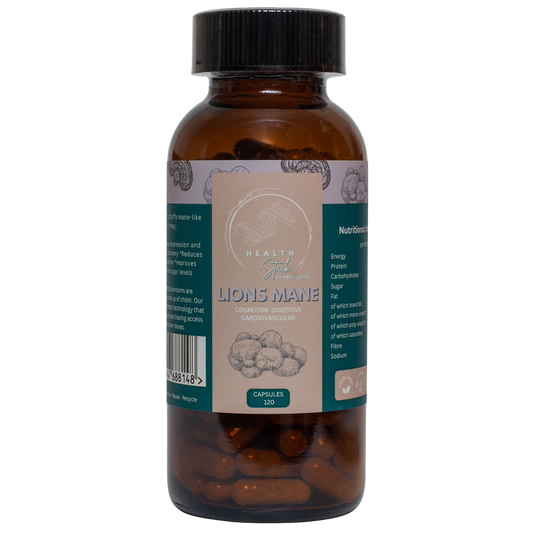 Brown supplement bottle with lions mane mushrooms with a label on a white background
