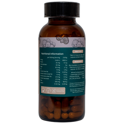Brown supplement bottle with lions mane nutritional information on a label on a white background