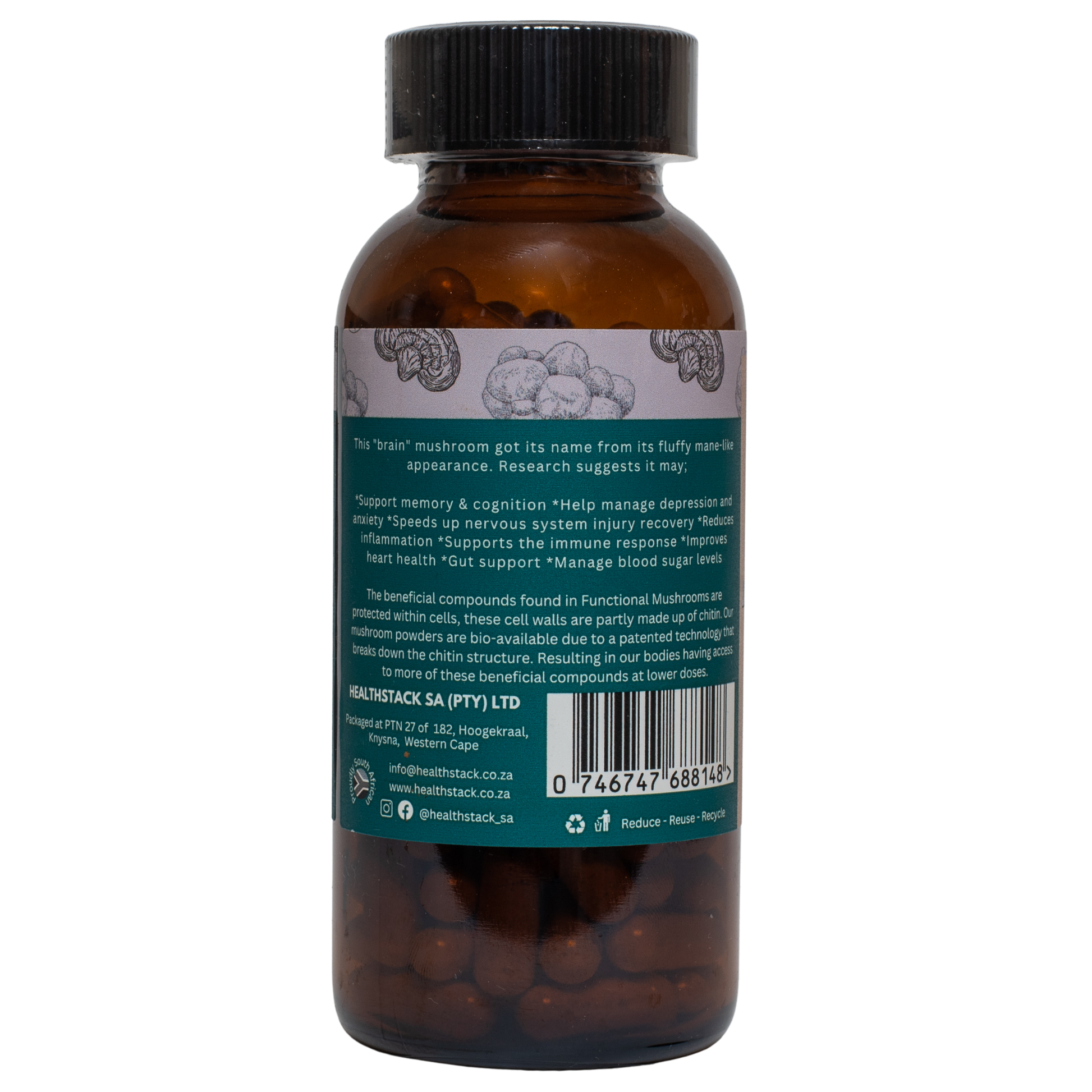 Brown supplement bottle with lions mane benefits and barcode on a label on a white background