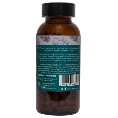 Brown supplement bottle with lions mane benefits and barcode on a label on a white background