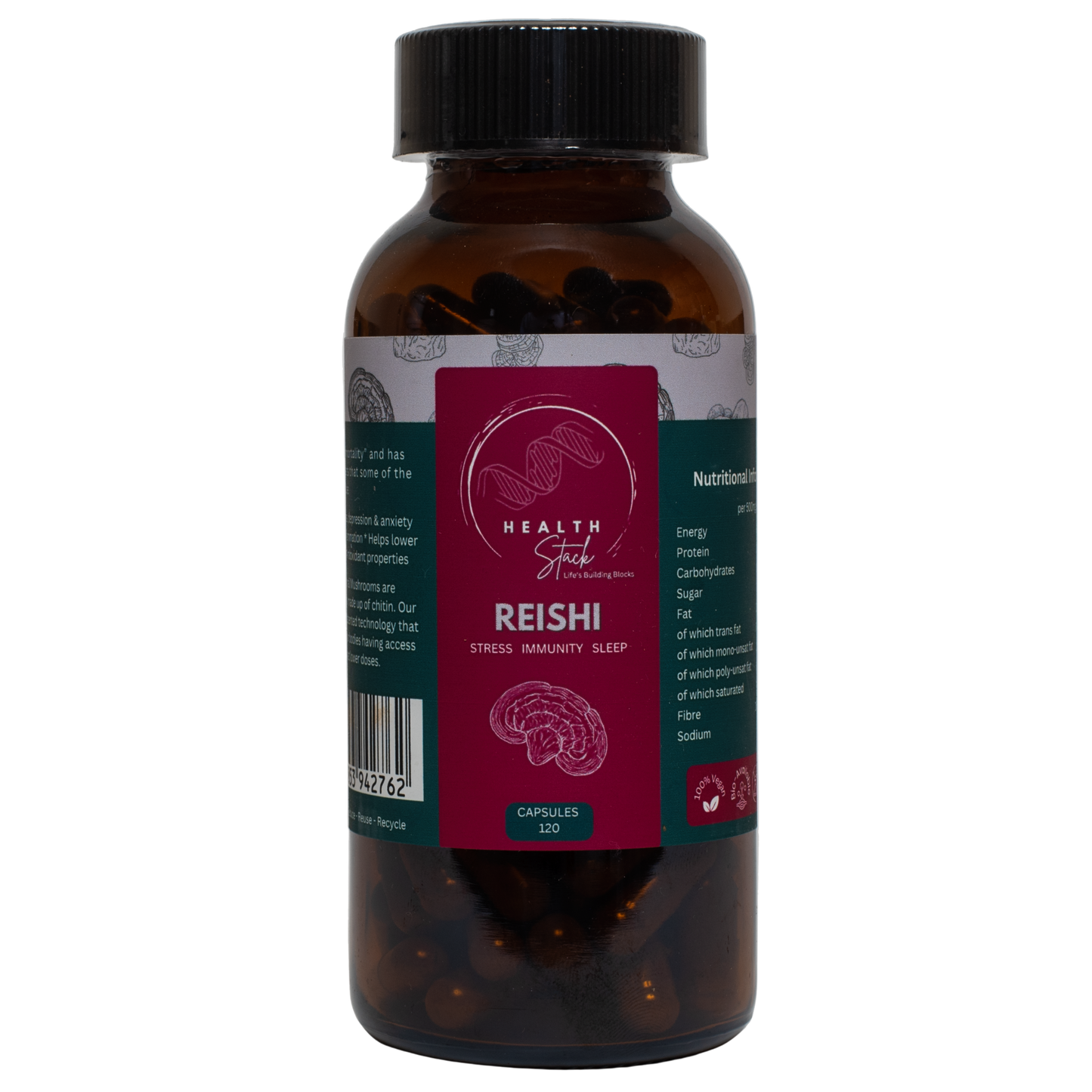 Bottle of Reishi capsules with a label on a white background