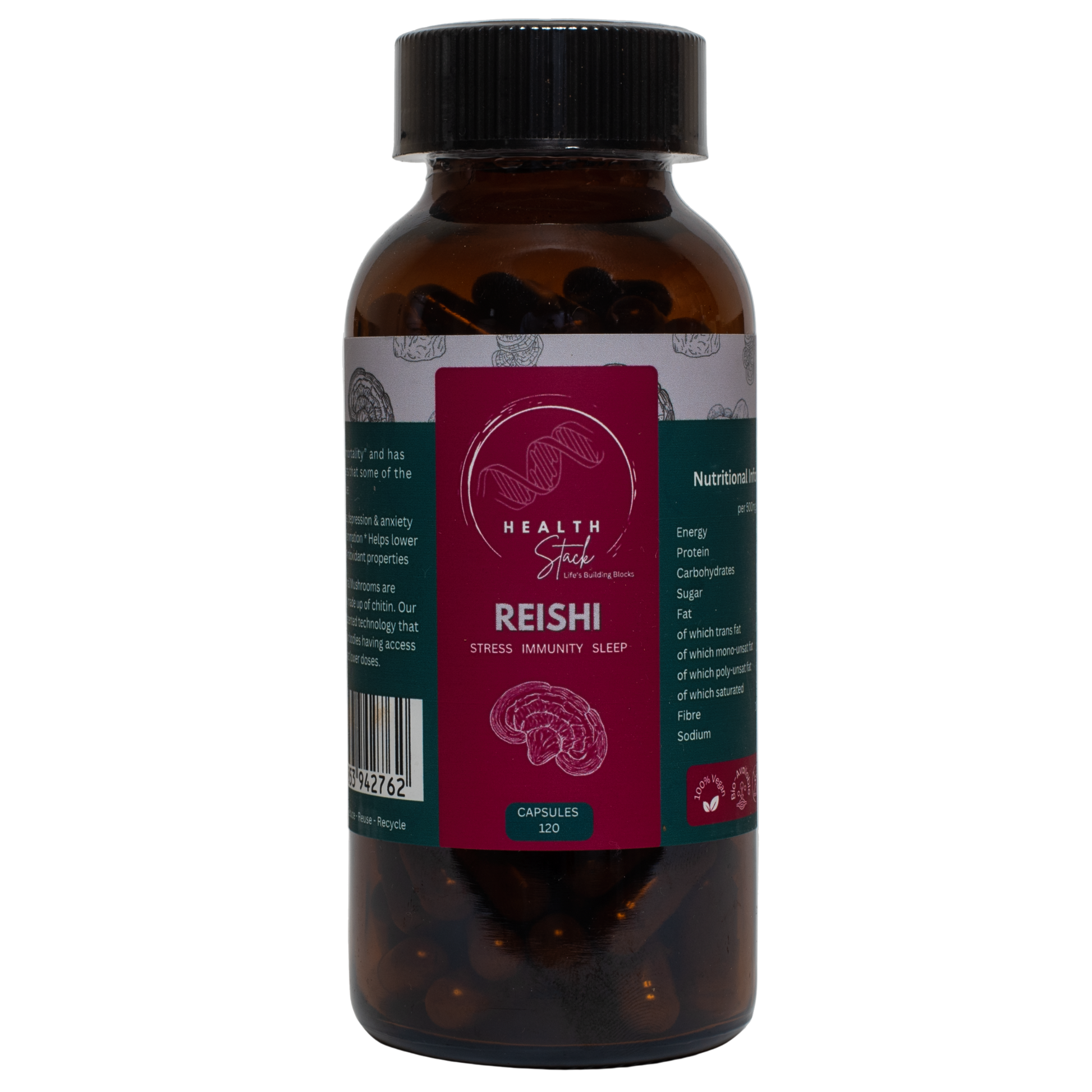 Bottle of Reishi capsules with a label on a white background