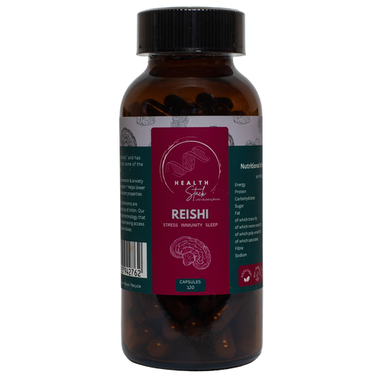 Bottle of Reishi capsules with a label on a white background