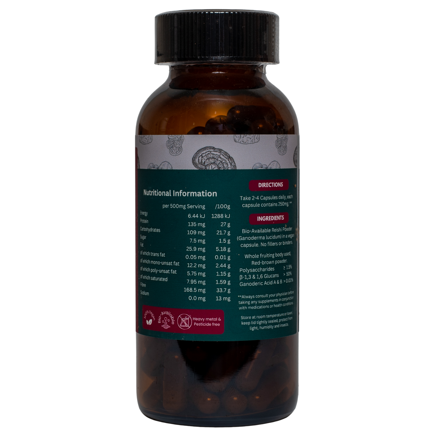 Brown supplement bottle  of Reishi with nutritional information label on a white background