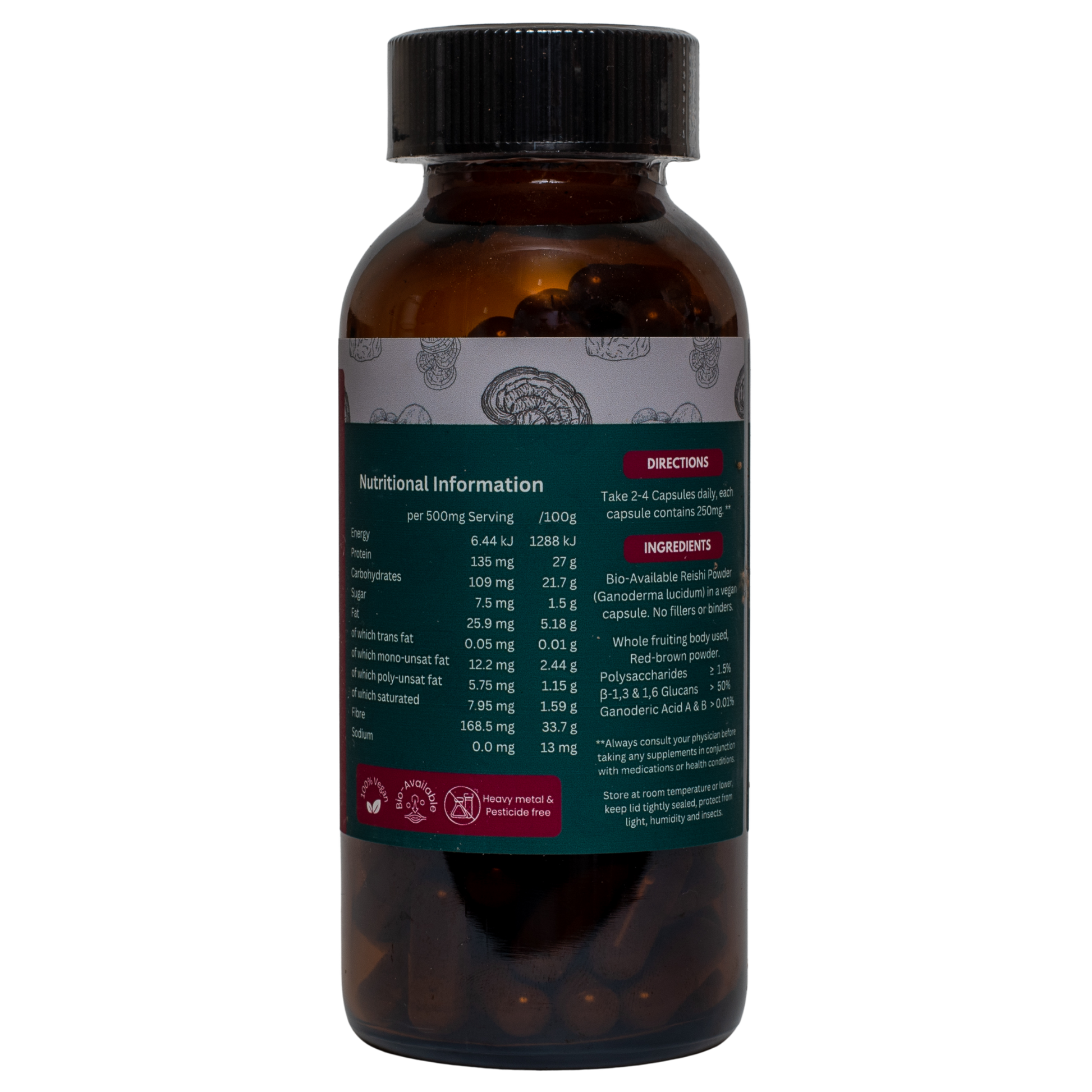 Brown supplement bottle  of Reishi with nutritional information label on a white background