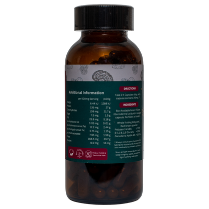 Brown supplement bottle  of Reishi with nutritional information label on a white background