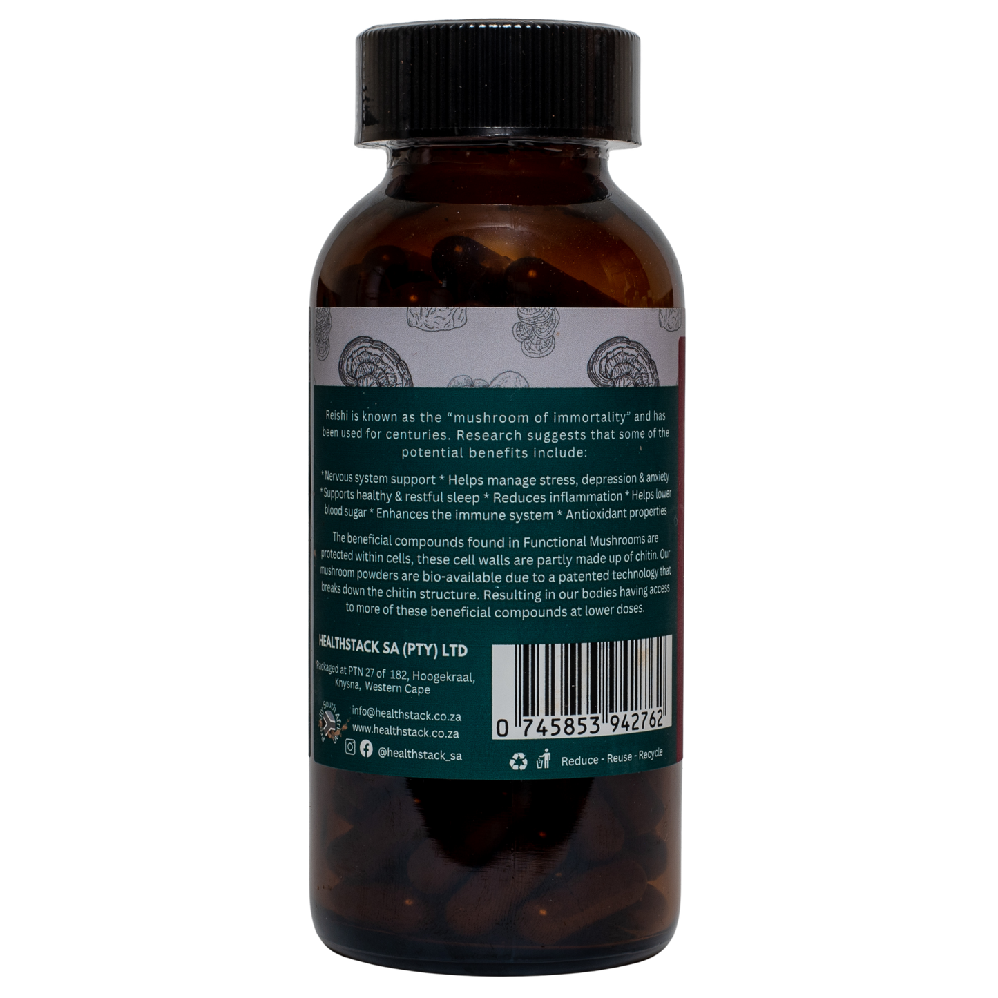 Brown bottle with reishi benefits and barcode on a label on a white background