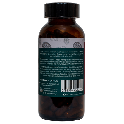 Brown bottle with reishi benefits and barcode on a label on a white background