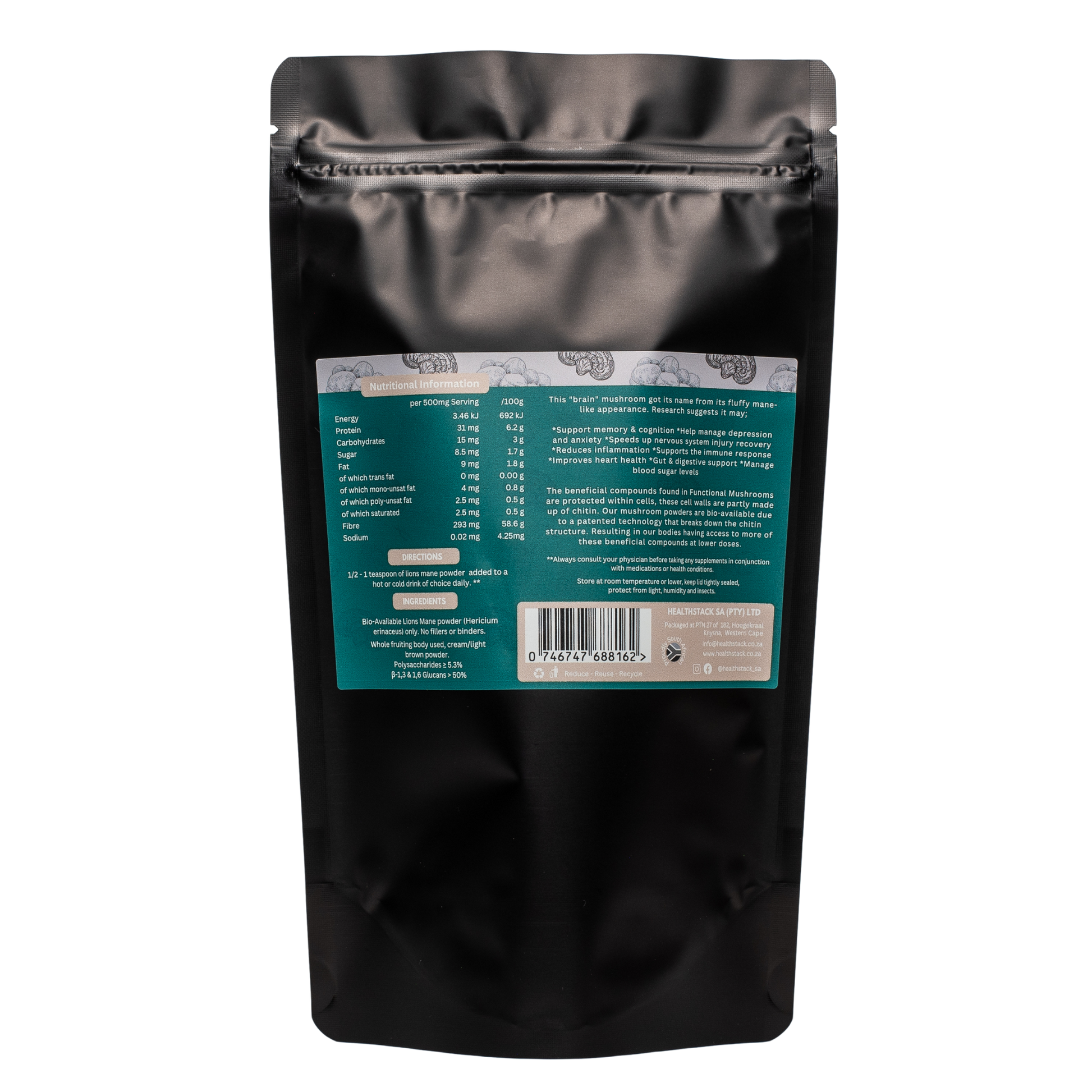 100g Black resealable pouch of HealthStack Lion's Mane pure mushroom extract powder on white background.