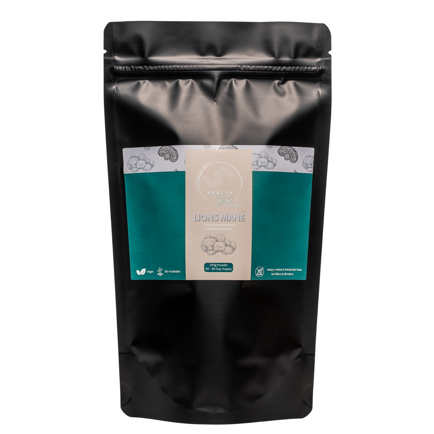 100g Black resealable pouch of HealthStack Lion's Mane pure mushroom powder on white background.