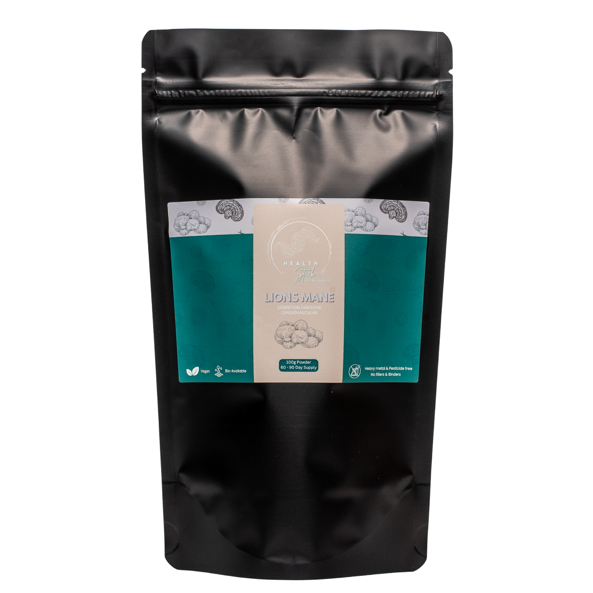 100g Black resealable pouch of HealthStack Lion's Mane pure mushroom powder on white background.