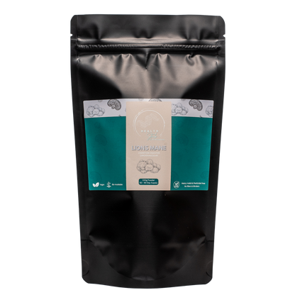 100g Black resealable pouch of HealthStack Lion's Mane pure mushroom powder on white background.