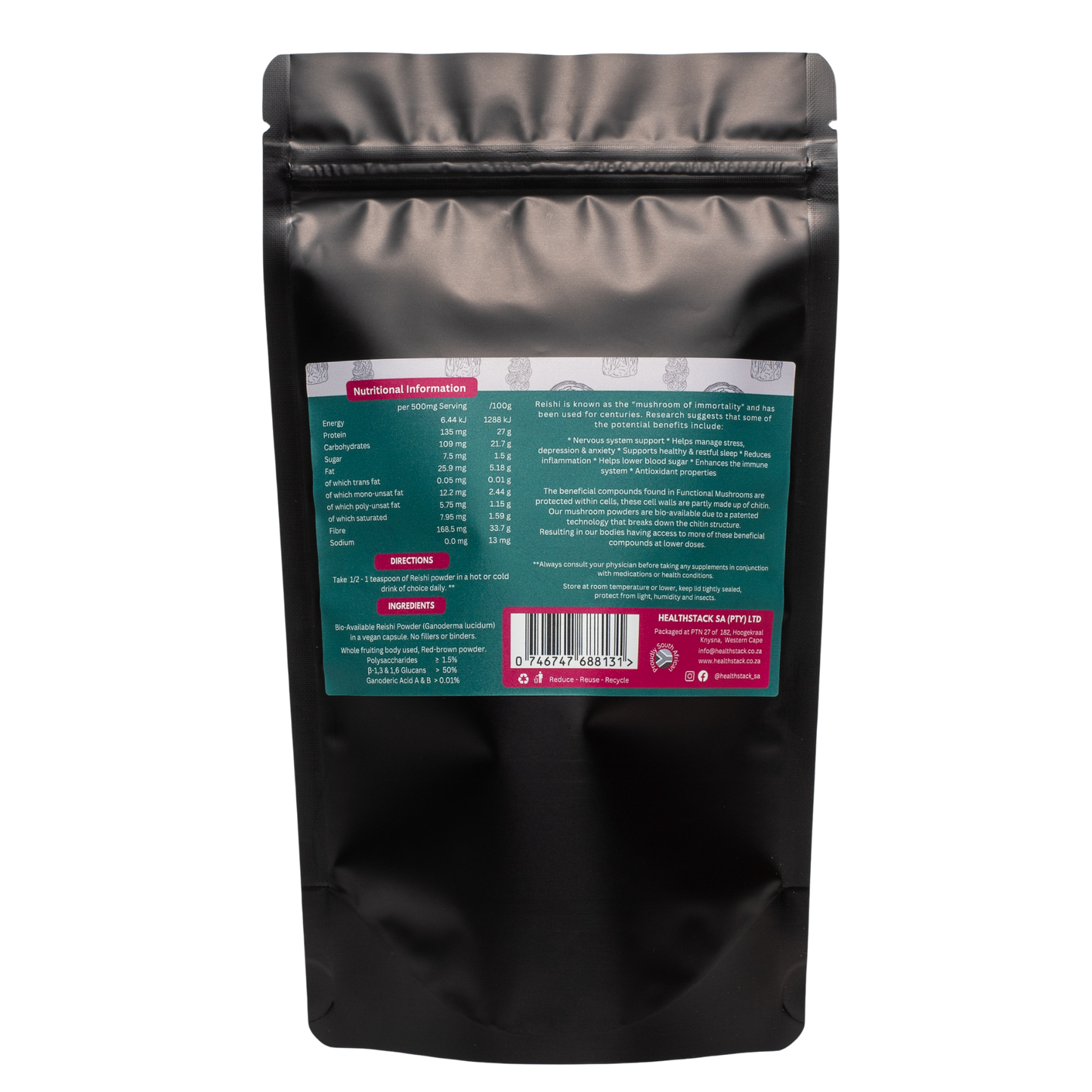 100g HealthStack Reishi Pure Mushroom Powder in a premium black resealable pouch.