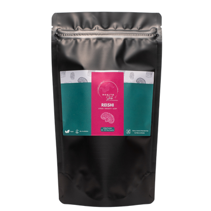 100g HealthStack Reishi Pure Mushroom Powder in a premium black resealable pouch.