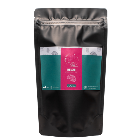 100g HealthStack Reishi Pure Mushroom Powder in a premium black resealable pouch.